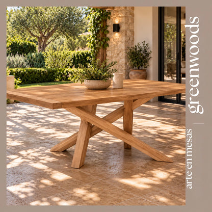 Mesa Da Vinci en lenga maciza con base cruzada, para terraza techada – Greenwoods