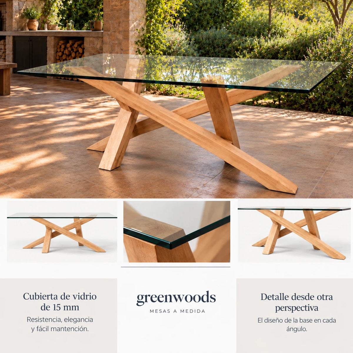 Detalles de la mesa Da Vinci: vidrio de 15 mm con cantos pulidos y base de lenga desde otra perspectiva