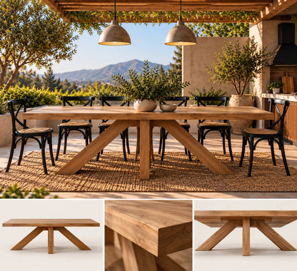 Mesa Francia en lenga maciza para terraza: vista completa, cubierta reforzada y base desde otra perspectiva
