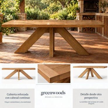 Detalles de la mesa Francia en lenga maciza: cubierta reforzada con cabezal continuo y base de patas inclinadas