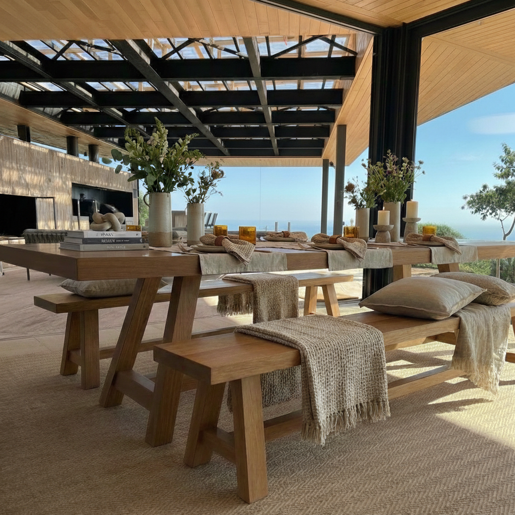 mesa de comedor para terraza en madera a medida con bancas para 8 personas en espacio exterior moderno en Chile
