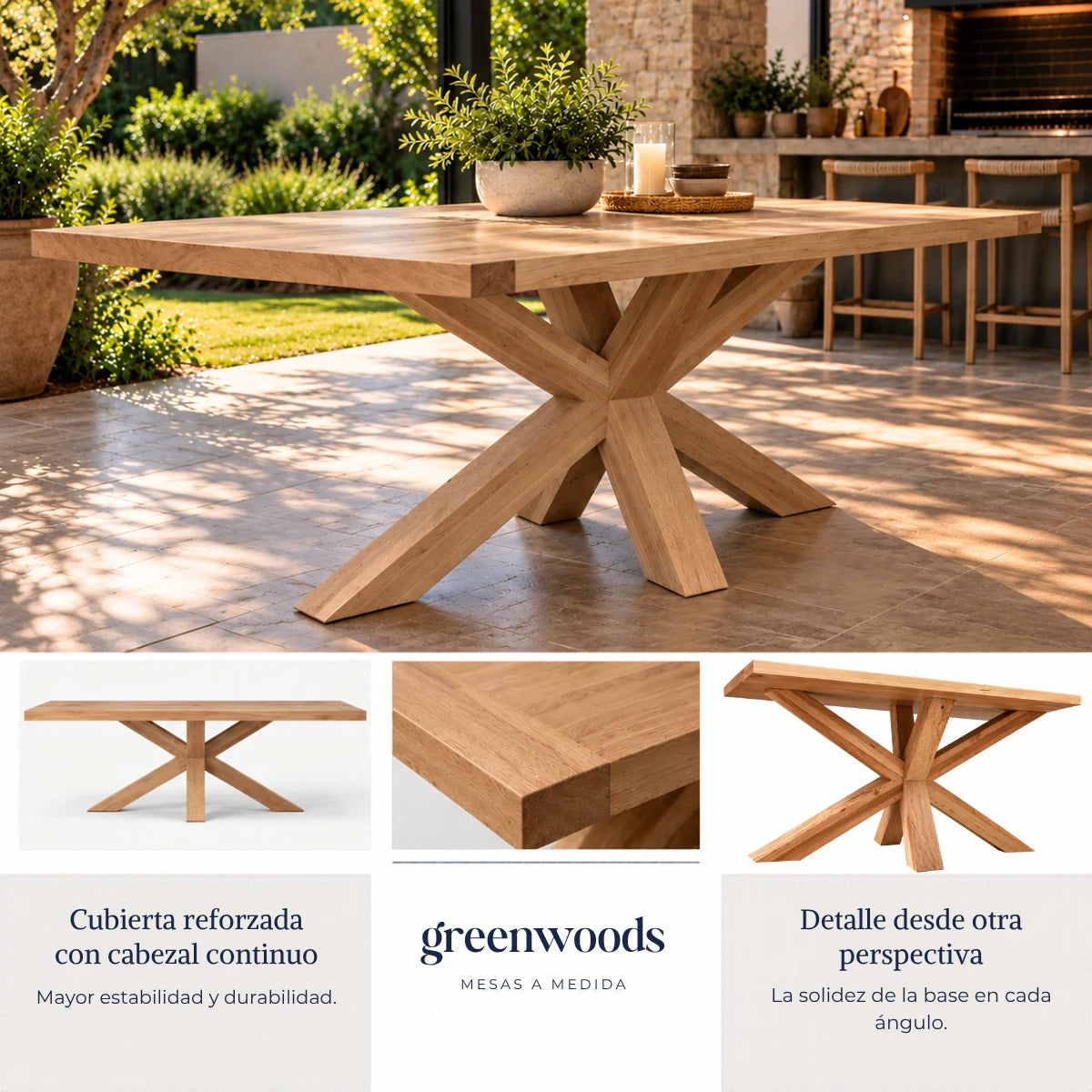 Detalles de la mesa María en lenga maciza: cubierta reforzada con cabezal continuo y base cruzada
