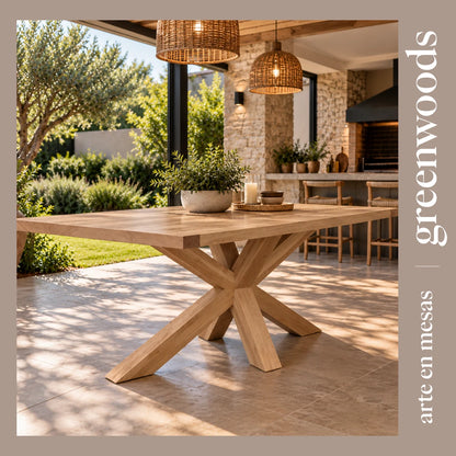 Mesa María en lenga maciza con base cruzada, para terraza techada – Greenwoods
