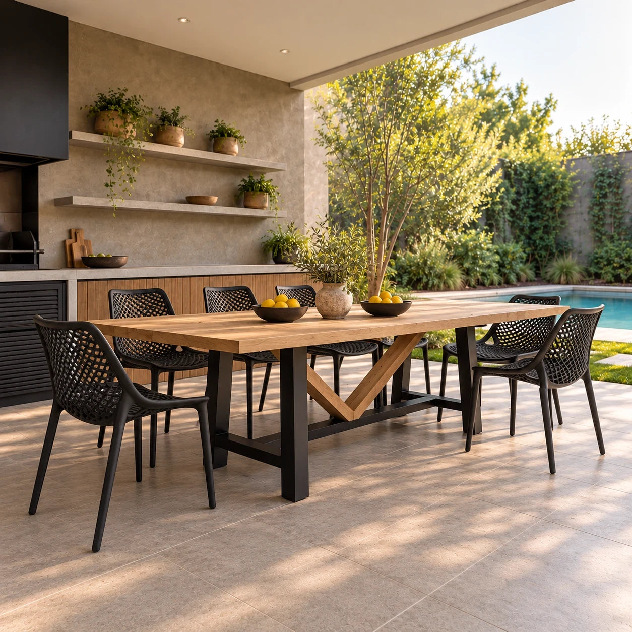 Mesa de terraza Viena en lenga natural con base de fierro negro y travesaño en V, con sillas negras caladas, junto a una piscina (imagen referencial)