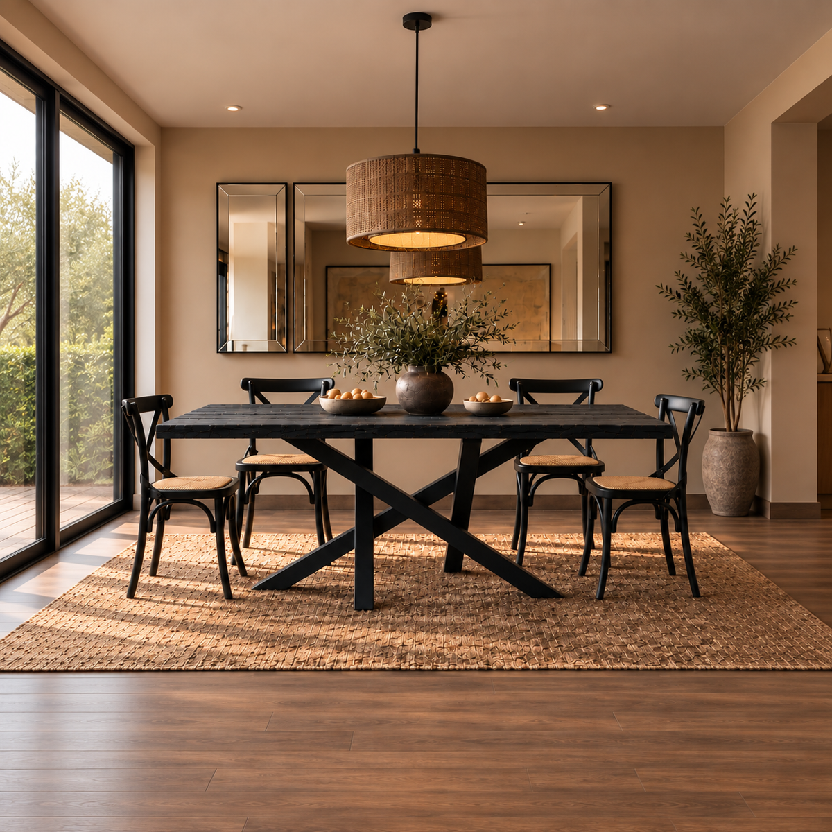 Mesa de comedor con cubierta de madera carbonizada de canto recto y base cruzada negra