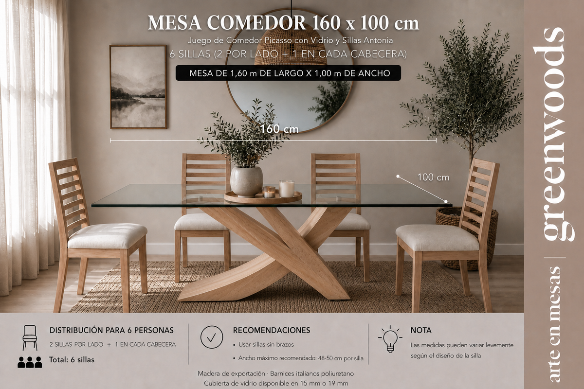 Juego de Comedor Picasso en Madera Lenga y Vidrio con Sillas Antonia a Medida