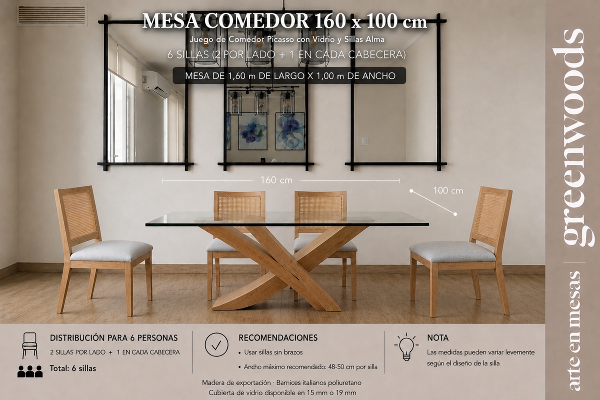 Juego de Comedor Picasso en Madera Lenga y Vidrio con Sillas Alma a Medida