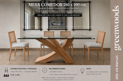 Mesa de comedor Picasso 180 x 100 con 6 sillas Alma en madera lenga y cubierta de vidrio | Greenwoods