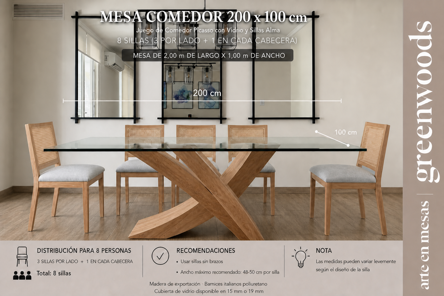 Mesa de comedor Picasso 200 x 100 con 8 sillas Alma en madera lenga y cubierta de vidrio | Greenwoods