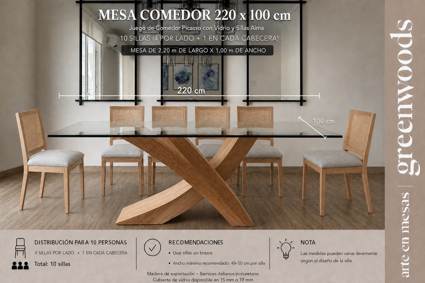Mesa de comedor Picasso 220 x 100 con 8 sillas Alma en madera lenga y cubierta de vidrio | Greenwoods