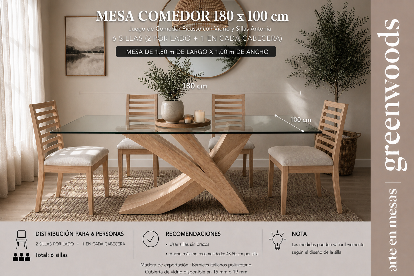 Juego de Comedor Picasso con Vidrio y Sillas Antonia | Greenwoods