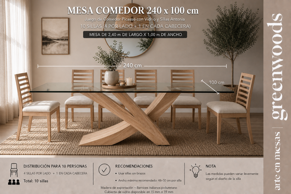 Juego de Comedor Picasso en Madera Lenga y Vidrio con Sillas Antonia a Medida