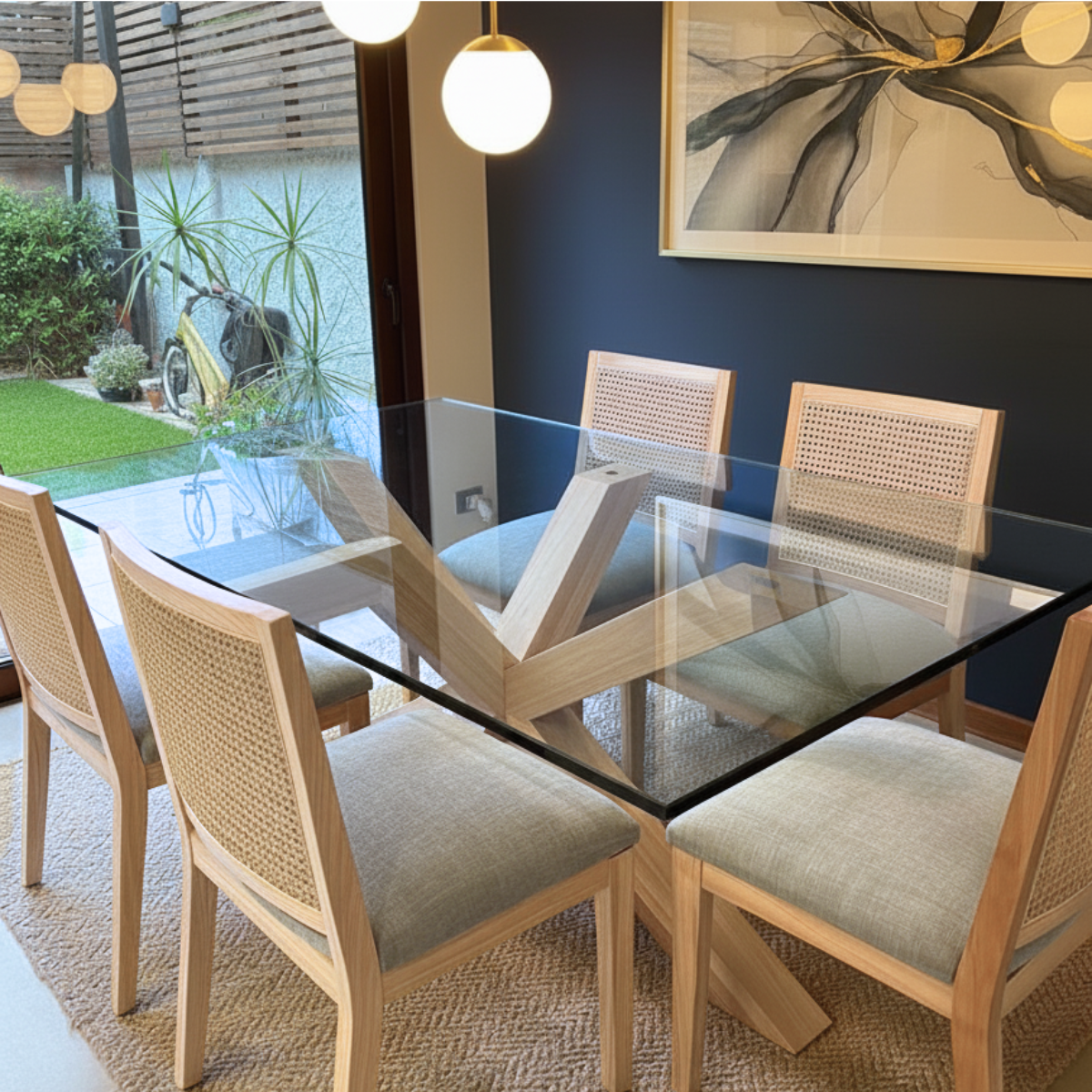 Mesa de comedor a medida con cubierta de vidrio y base de madera maciza en proyecto residencial en Santiago
