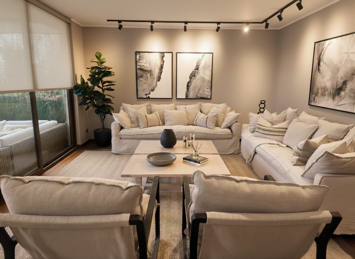 Mesa de centro cuadrada en living moderno con sofás color claro, alfombra neutra y decoración elegante en espacio interior.

