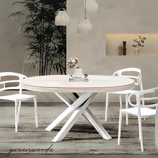 MESA DE COMEDOR FIERRO BLANCO Y MADERA LENGA REDONDA  DA VINCI