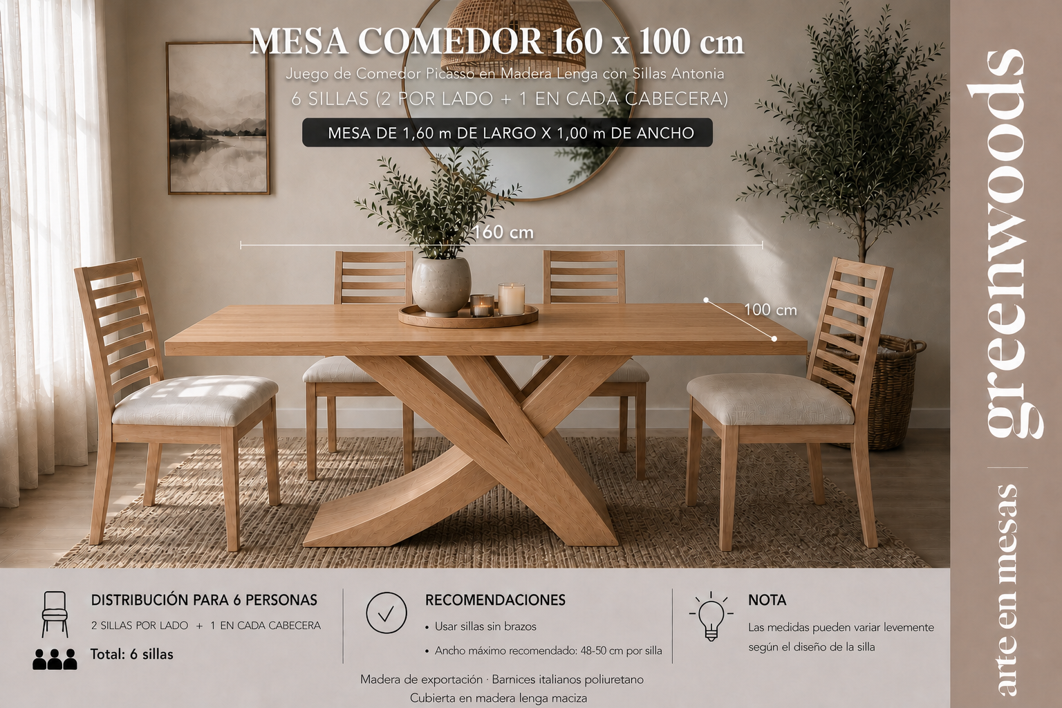 Juego de comedor Picasso en madera con Sillas Antonia 160 x 100 cm