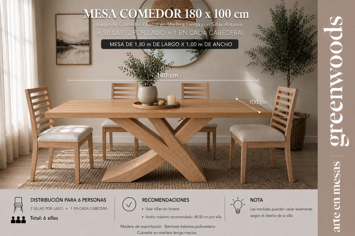 Juego de comedor Picasso en madera con Sillas Antonia 180 x 100 cm