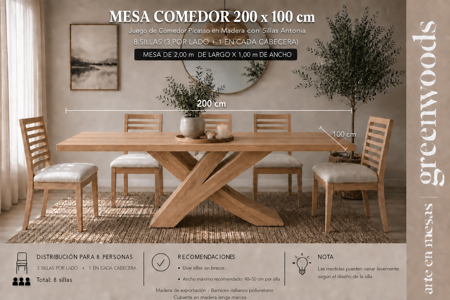 Juego de comedor Picasso en madera con Sillas Antonia 200 x 100 cm