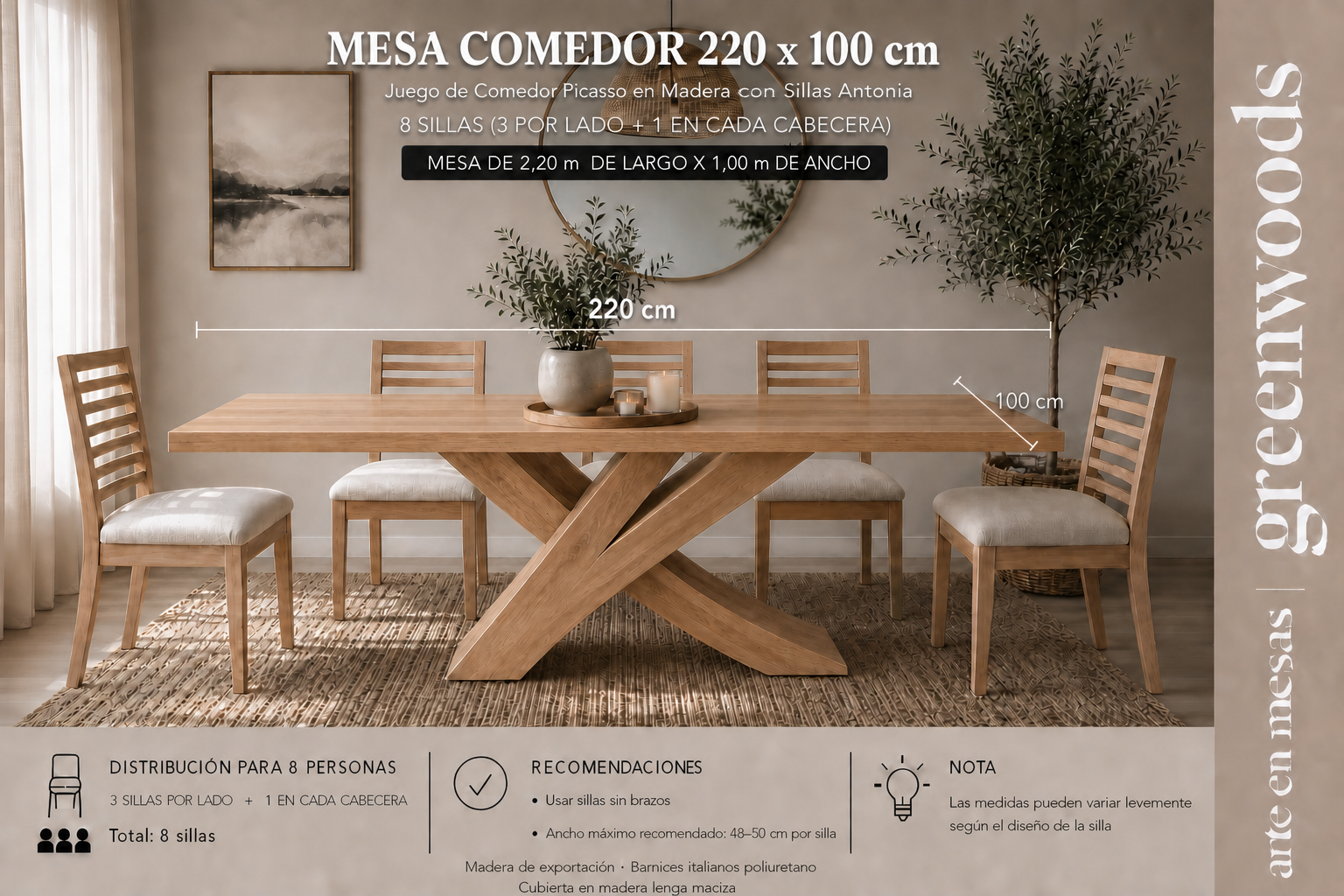 Juego de comedor Picasso en madera con Sillas Antonia 220 x 100 cm