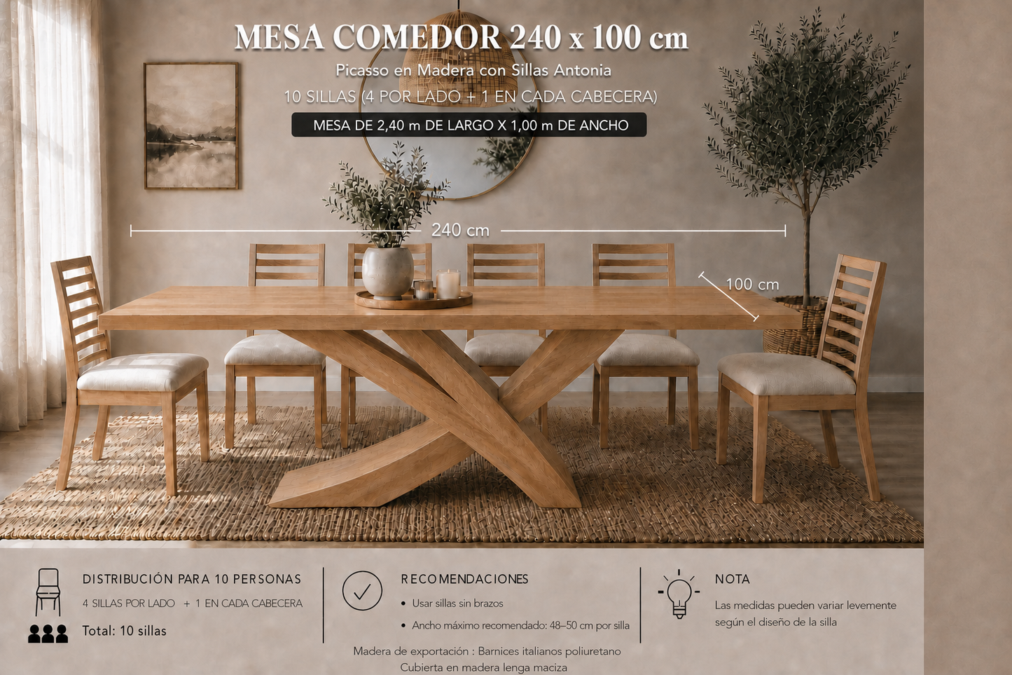 Juego de comedor Picasso en madera con Sillas Antonia 240 x 100 cm