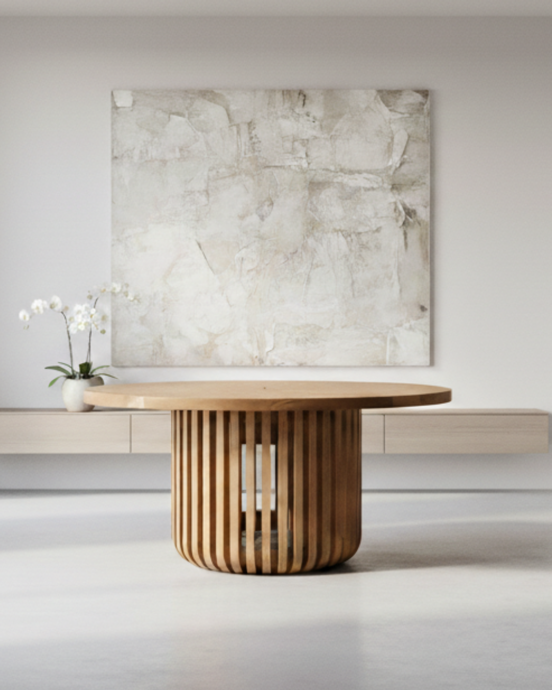 Proyecto de mesa redonda a medida en madera maciza para comedor residencial en Santiago
