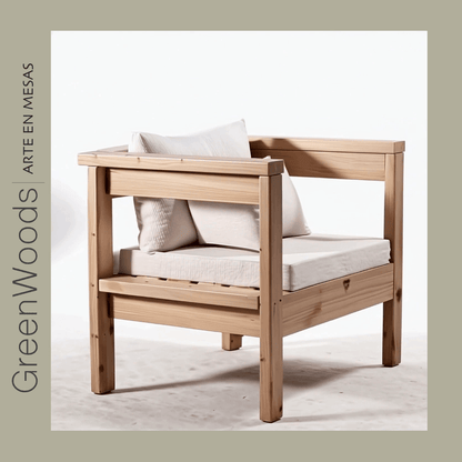 Sitial Marbella de madera para terraza con cojines blancos – Greenwoods Chile