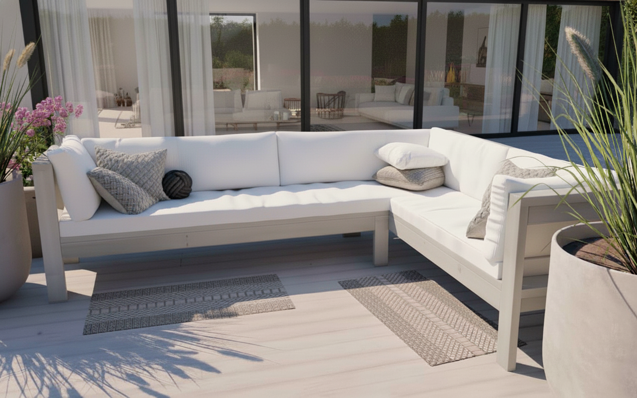 living de terraza moderno con sofa seccional de madera lenga a medida en exterior con cojines blancos junto a ventanales en Chile