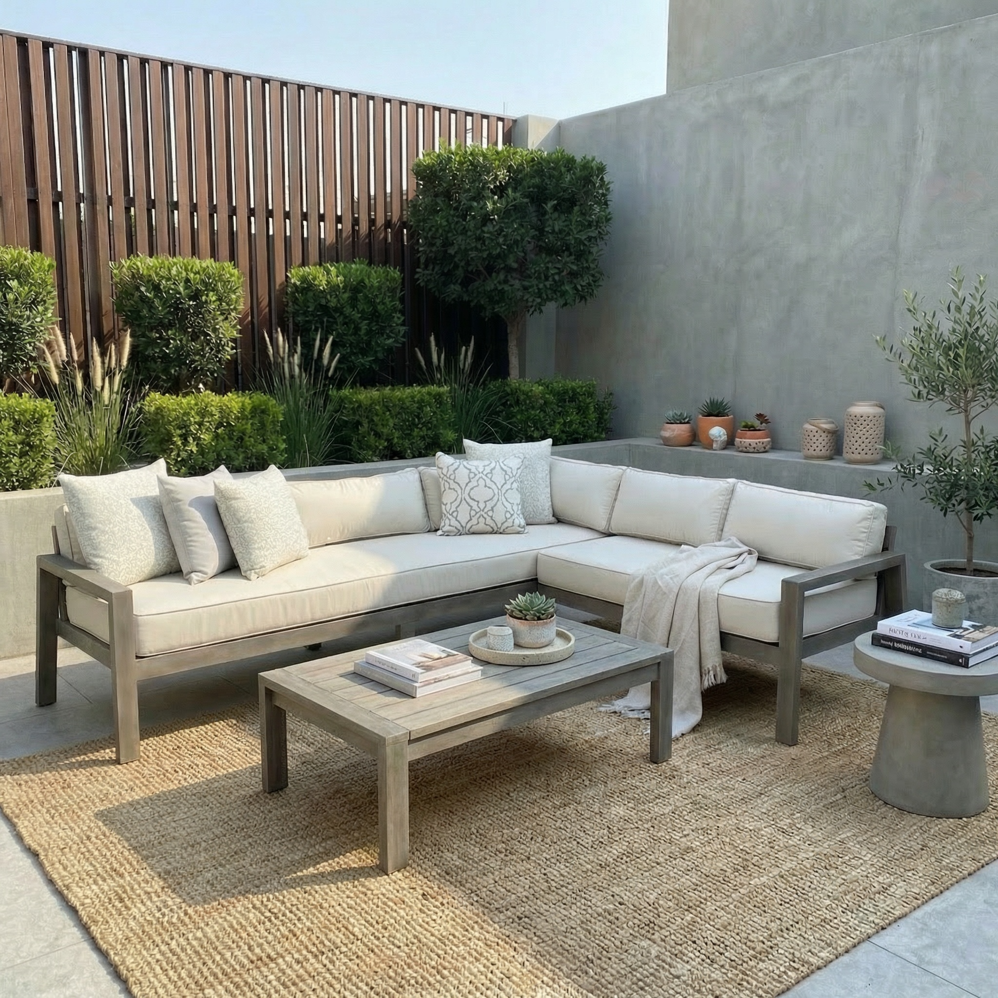 sofá de terraza en madera a medida con mesa de centro para exterior en Santiago Chile