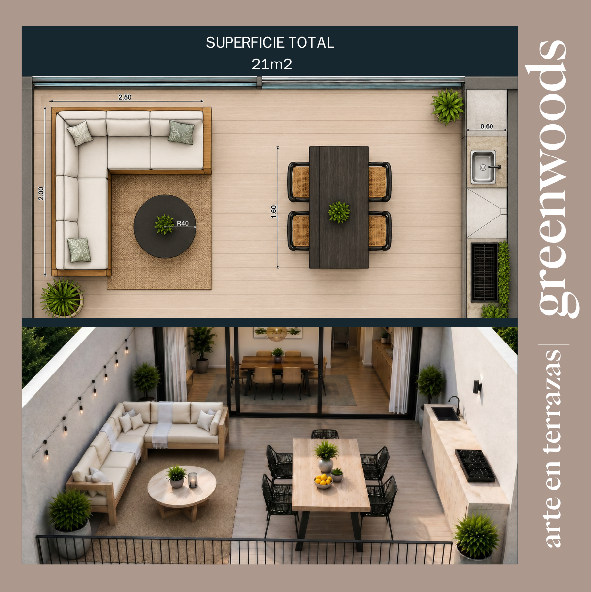 Diseño de terraza de 21 m² con muebles a medida Greenwoods, living exterior, comedor de terraza y parrilla integrada para aprovechar mejor el espacio.