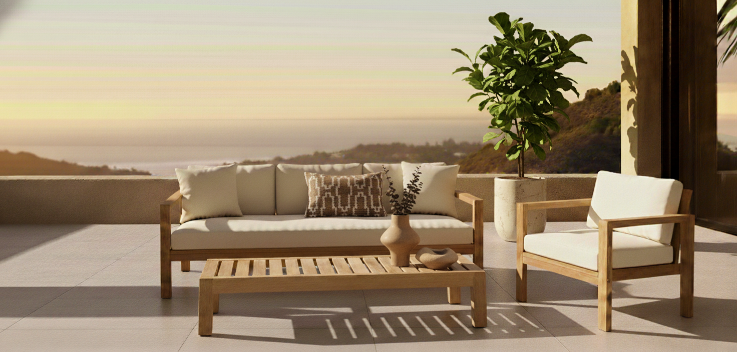 Proyecto de mobiliario a medida en Santiago – sofá y mesa de centro en madera maciza para terraza diseñada por Greenwoods